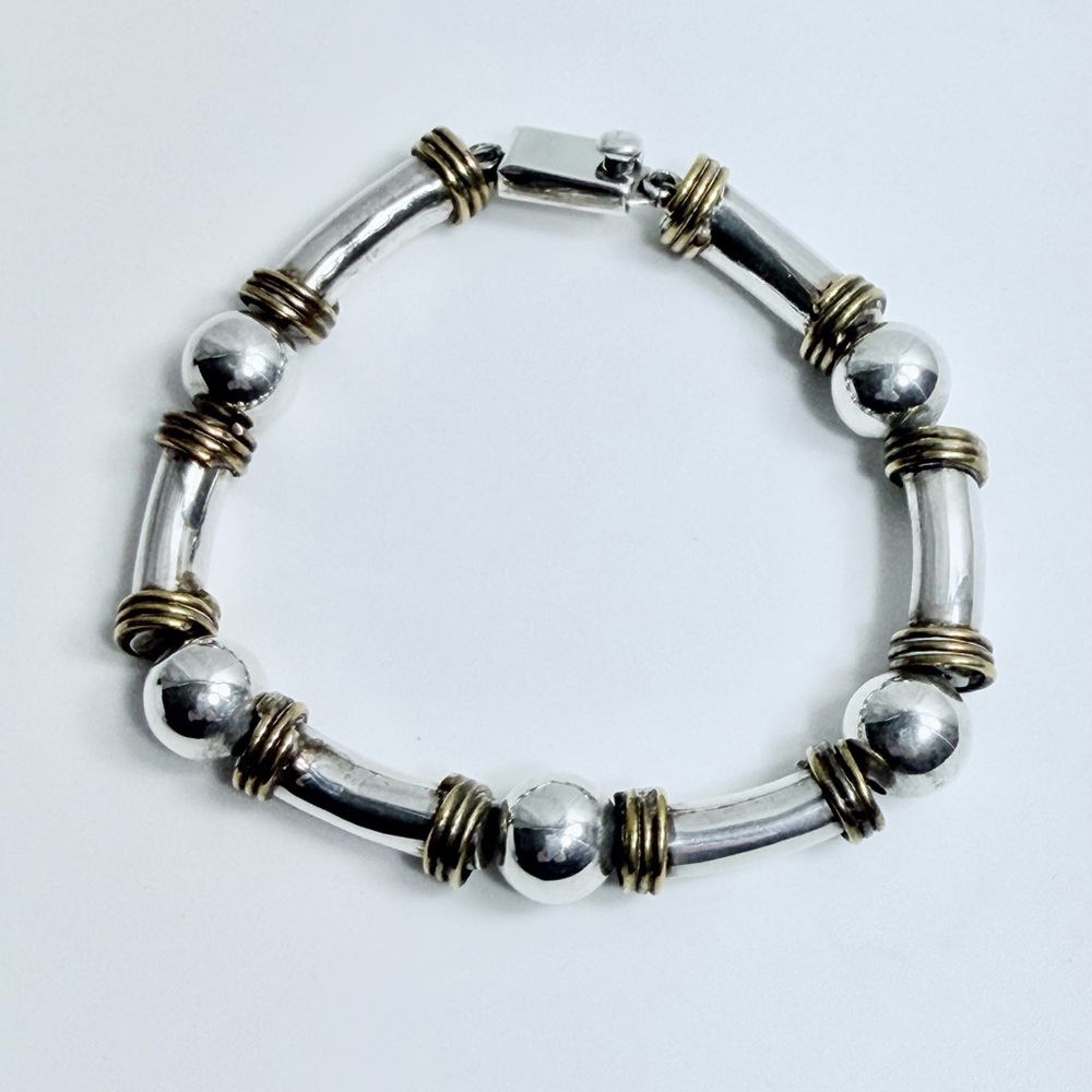 Vintage Unique Heavy Sterling Silver Ball & Tube w/Brass Wrapped Trim Bracelet - Picture 2 of 16
